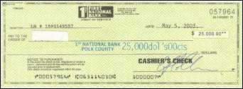 Bogus cashier's check from 1st National Bank, Polk Co., IL